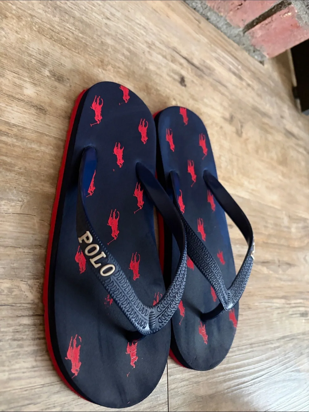 Polo by Ralph Lauren Kids Navy Flip Flops with Red Pony Print